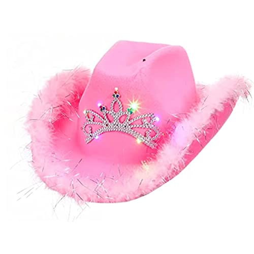 Cowboyhut mit rosa Krone, Cowboyhut aus Filz mit Lichtern, Flauschiger Disco-Cowgirl-Hut mit Federbesatz Damen, Cosplay-Party-Kostümzubehör mit Kordelzug am Hals von HUSHUI