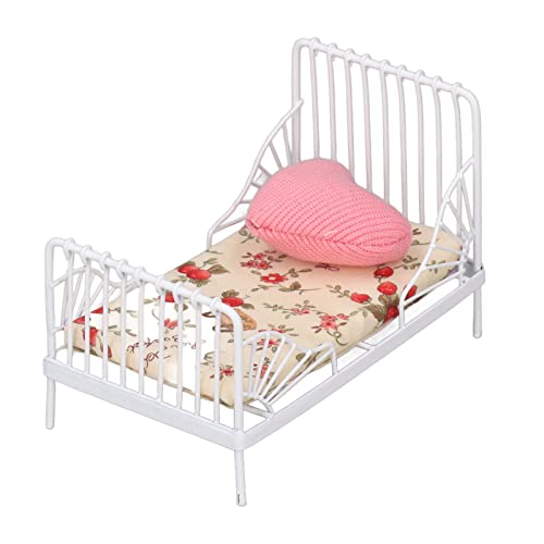 HUSHUI Puppenhausmöbel Im Maßstab 1:12, Mini-Bett-Set, Dekoratives Kissen, Metallrahmen, Realistisches Miniaturbett (B) von HUSHUI