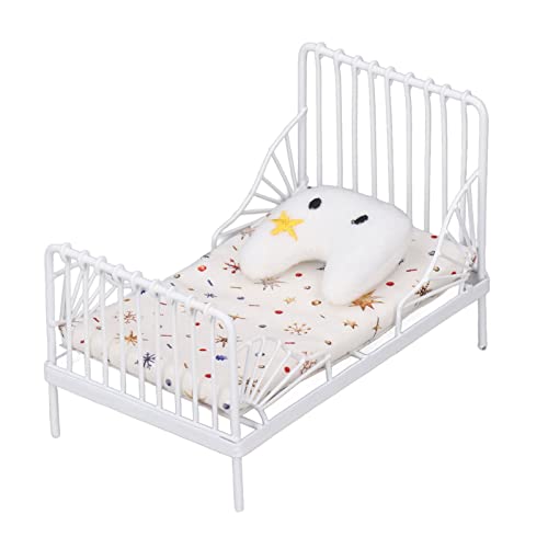 HUSHUI Puppenhausmöbel Im Maßstab 1:12, Mini-Bett-Set, Dekoratives Kissen, Metallrahmen, Realistisches Miniaturbett (C) von HUSHUI