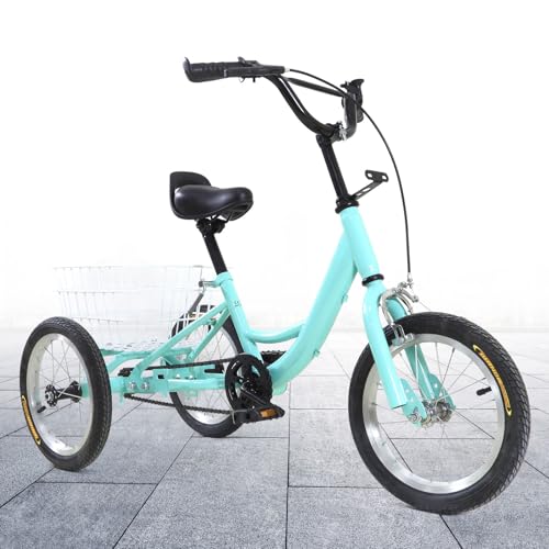 Dreirad für Kinder, Single Speed 3 Wheel Bike Tricycle mit Einkaufskorb, Kinderfahrrad Geschenk für Kinder, für Kinder von 7-10 Jahren mit Einer Größe von weniger als 57.08" (Hellgrün, 14 Zoll) von HUSPOO