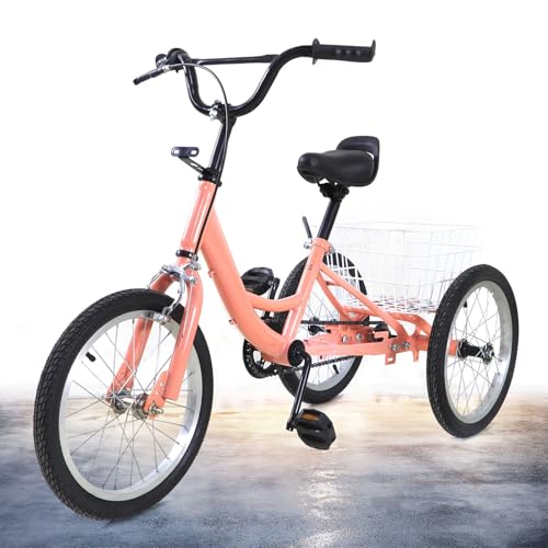 Dreirad für Kinder, Single Speed 3 Wheel Bike Tricycle mit Einkaufskorb, Kinderfahrrad Geschenk für Kinder, für Kinder von 7-10 Jahren mit Einer Größe von weniger als 57.08" (Hellorange, 16 Zoll) von HUSPOO