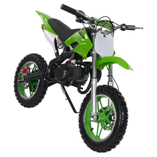 HUSPOO 10 Zoll Dirt Bike für Kinder, 2-Takt-Motoröl 49CCM Kinder-Motorrad Pocket Bike, Motocross Motorrad Motorbike Motorsport, Hand-Zug-Start, 0.48Gal Tankinhalt (Grün) von HUSPOO