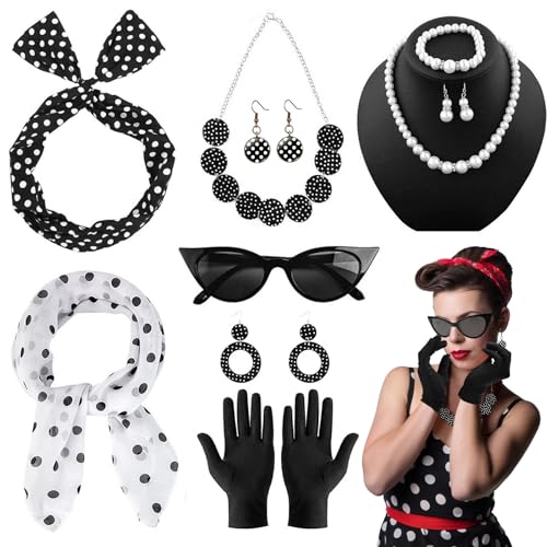 HUYUE 50er Jahre Rockabilly Accessoires Damen Kostüm mit Handschuhe Stirnband Schal Chiffon 1950s Kostüm Rockabilly Accessoires für Party Fasching (9 Stück) von HUYUE