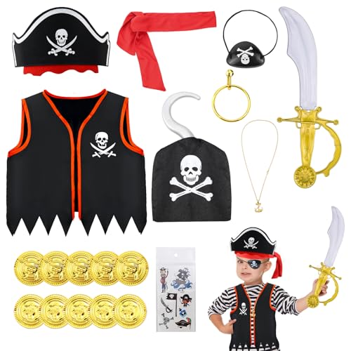 HUYUE Piratenkostüm Kinder Piraten Kostüm Zubehör 18Stk Piratenhut Piratenkostüm für Kinder Jungen Mädchen Karneval Pirat von HUYUE