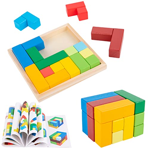 HUZU 3D-Bausteine, Holzpuzzle-Muster, Gehirnentwicklungsspielzeug mit 3 Formen und 12 Teilen und Farben, Geschenke für Kinder von HUZU