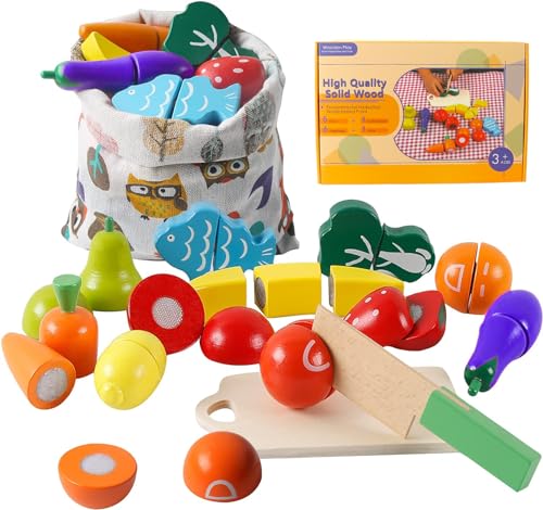 HVDHYY Holzspielzeug Küchenzubehör Hölzernes Geschnittenes Obst und Gemüse als Spielzeug Obst Kinderküche zu Spielen Schneiden Rollenspiele für ab 2 3 4 5 Jahre Weihnachten Geburtstags Geschenk von HVDHYY