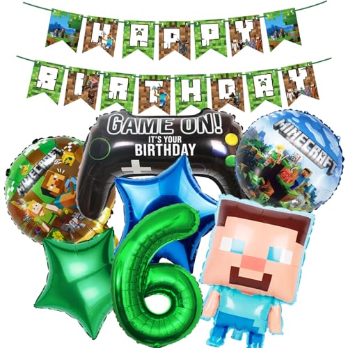 8 Stk Geburtstagsdeko Jungen 6 Jahre Miner Gamer Anime Cartoon Kindergeburtstag Luftballons Geburtstag Deko Set Happy Birthday Girlande Kinder Grün Blau Banner Helium Folienballon Partyzubehör Deko von HVIERO