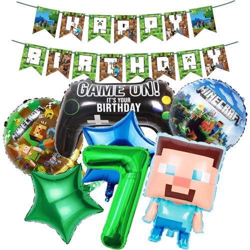 8 Stk Geburtstagsdeko Jungen 7 Jahre Miner Gamer Anime Cartoon Kindergeburtstag Luftballons Geburtstag Deko Set Happy Birthday Girlande Kinder Grün Blau Banner Helium Folienballon Partyzubehör Deko von HVIERO