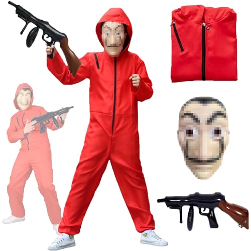 HVIERO Haus Des Geldes Kostüm Kinder 116 122 mit Maske Roter Overall Bankräuber Kostüm Roter Anzug Costume Kapuze Overall Rot Faschingskostüme Kinder Jungen Mädchen Karneval Dieb Kostüm (120) von HVIERO