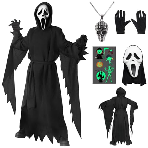 Halloween Scream Kostüm kinder 98 104 110 122 128 Ghostface Kostüm mit Scream Maske Horror Kostüm Halloween Kostüm Kinder Sensenmann Gruselige Kostüme für Halloween Cosplay Kostüme (S) von HVIERO