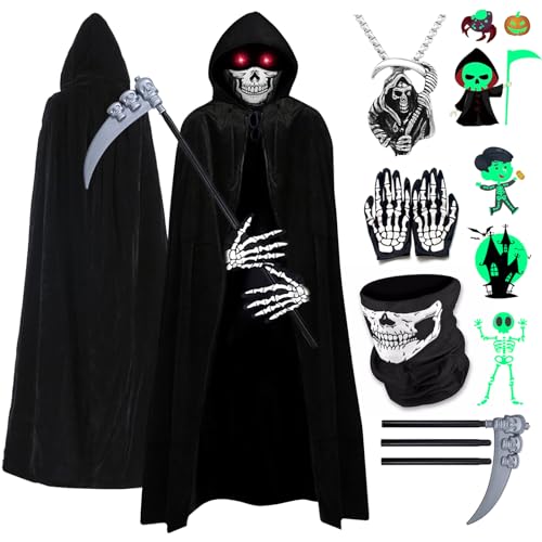 HVIERO Halloween Sensenmann Kostüm Kinder Junge Mädchen Sensenmann Umhang Set mit Kapuze 8 9 10 11 12 13 14 Jahre Umhang Halloween Grim Reaper Kostüm Gruseliges Halloween Kostüm Kinder (100cm) von HVIERO