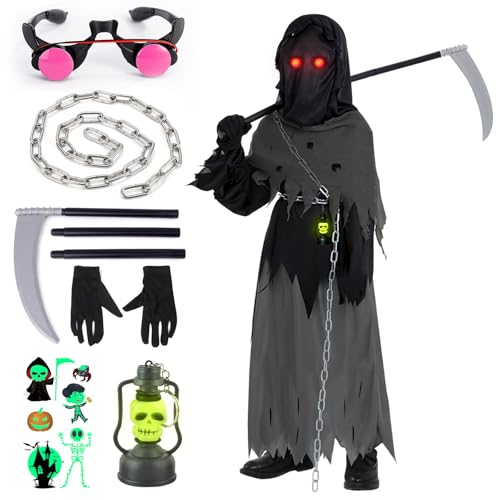 Halloween Sensenmann Kostüm Kinder Junge 110 116 122 128 mit Skelett Handschuhe Sichel Halloween Grim Reaper Costume Scream Kostüm Herren Horror Kostüm Kinder Cosplay Halloween Kostüm Sensenmann (S) von HVIERO