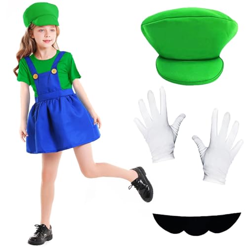 Mario Kostüm Kinder Mädchen Halloween Kostüm Kinder Mario und Luigi Kostüm Halloween Kostüme mit Cap Schnurrbärte Handschuhe Karneval Kostüm Cosplay Kleid Faschingskostüme Kinder Mädchen Set (Grün,M) von HVIERO