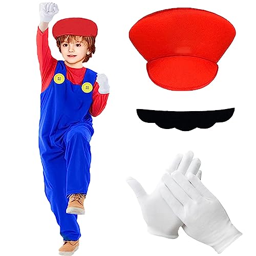 Mario-Verkleidung für Kinder, 3 – 12 Jahre, Kostüm Mario, Kinder, Mädchen, Jungen, mit Kombination, Mütze Mario Schnurrbart, Handschuh, Verkleidung Mario und Luigi, Cosplay (Jungen Mario – Rot, L) von HVIERO