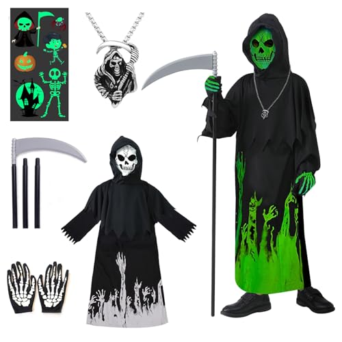 Sensenmann Kostüm Kinder Jungen mit Kapuze 110 116 122 Leuchtend Halloween Kostüm Skelett Handschuhe Sichel Halloween Grim Reaper Costume Horror Kostüm Kinder Cosplay Sensenmann Kostüm (S) von HVIERO