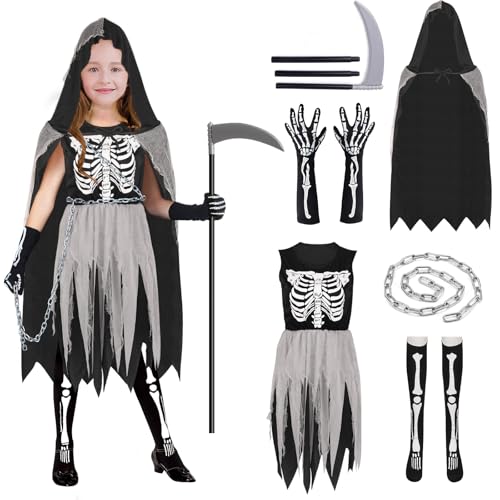 Sensenmann Kostüm Mädchen Kinder 140 146 152 mit Kapuze Halloween Kostüm Sensenfrau Umhang Set Skelett Handschuhe Sense Kostüm Kinder Grim Reaper Kostüm Gruseliges Halloween Kostüm Mädchen (XL) von HVIERO