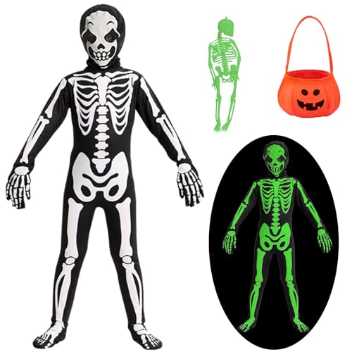 HVIERO Skelett Kostüm Kinder Junge Mädchen Leuchtend 122 128 Halloween Kostüm Skelett mit Kürbis Tasche Skelett Jumpsuit Horror Kostüm Kinder Cosplay Kostüm für Halloween Karneval (L) von HVIERO