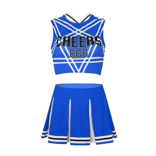 HWJFDC Cheerleader Kostüm 2Pcs Frauen Cheerleading Uniformen Gedruckt Ärmel Crop Top Mini Falten Rock Set Erwachsene Cheerleading Kostüm(Blue,L) von HWJFDC