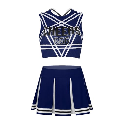 HWJFDC Cheerleader Kostüm 2Pcs Frauen Cheerleading Uniformen Gedruckt Ärmel Crop Top Mini Falten Rock Set Erwachsene Cheerleading Kostüm(Deep Blue,L) von HWJFDC