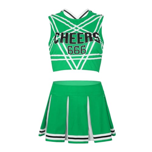 HWJFDC Cheerleader Kostüm 2Pcs Frauen Cheerleading Uniformen Gedruckt Ärmel Crop Top Mini Falten Rock Set Erwachsene Cheerleading Kostüm(Green,L) von HWJFDC