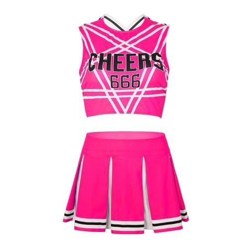 HWJFDC Cheerleader Kostüm 2Pcs Frauen Cheerleading Uniformen Gedruckt Ärmel Crop Top Mini Falten Rock Set Erwachsene Cheerleading Kostüm(Pink,L) von HWJFDC