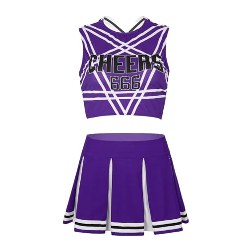 HWJFDC Cheerleader Kostüm 2Pcs Frauen Cheerleading Uniformen Gedruckt Ärmel Crop Top Mini Falten Rock Set Erwachsene Cheerleading Kostüm(Purple,L) von HWJFDC