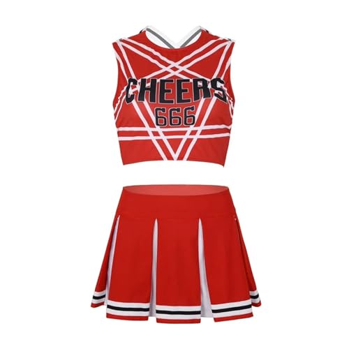 HWJFDC Cheerleader Kostüm 2Pcs Frauen Cheerleading Uniformen Gedruckt Ärmel Crop Top Mini Falten Rock Set Erwachsene Cheerleading Kostüm(Red,L) von HWJFDC