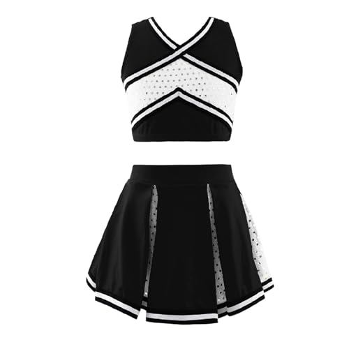 HWJFDC Cheerleader Kostüm Cheerleader Uniform Kinder Mädchen Cheerleading Kostüm Schulmädchen Tanzkleidung Set Ärmelloses Top + Rock Kinder Pailletten Outfit(Black,4) von HWJFDC