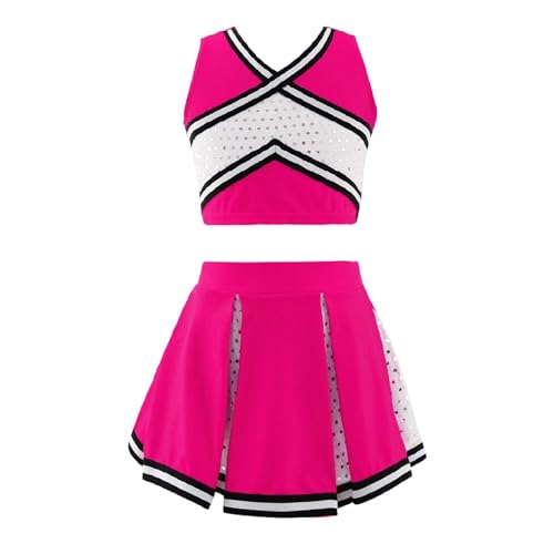 HWJFDC Cheerleader Kostüm Cheerleader Uniform Kinder Mädchen Cheerleading Kostüm Schulmädchen Tanzkleidung Set Ärmelloses Top + Rock Kinder Pailletten Outfit(Pink,4) von HWJFDC