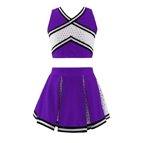 HWJFDC Cheerleader Kostüm Cheerleader Uniform Kinder Mädchen Cheerleading Kostüm Schulmädchen Tanzkleidung Set Ärmelloses Top + Rock Kinder Pailletten Outfit(Purple,12) von HWJFDC