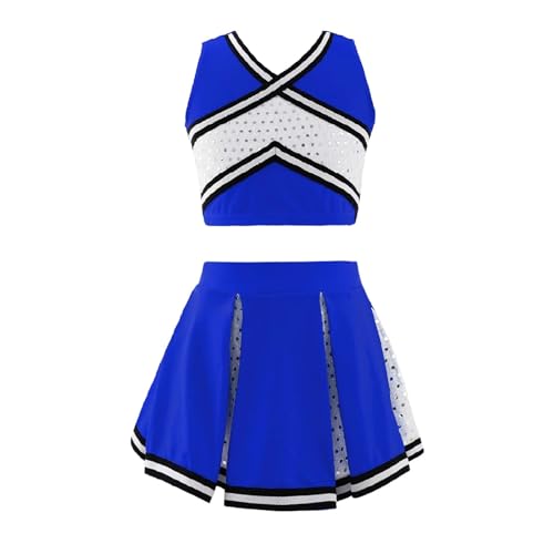 HWJFDC Cheerleader Kostüm Cheerleader Uniform Kinder Mädchen Cheerleading Kostüm Schulmädchen Tanzkleidung Set Ärmelloses Top + Rock Kinder Pailletten Outfit(Royal Blue,4) von HWJFDC