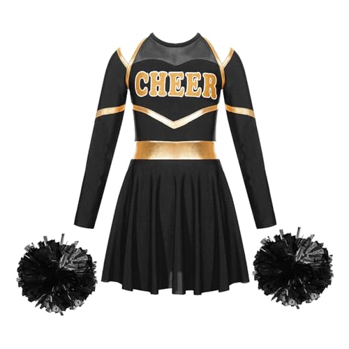 HWJFDC Cheerleader Kostüm Kinder Cheer Dance Outfits Schulmädchen Cheerleading Uniformen Kinder Langarm Trikot Kleid mit Handblumen for Cosplay(Black,6) von HWJFDC