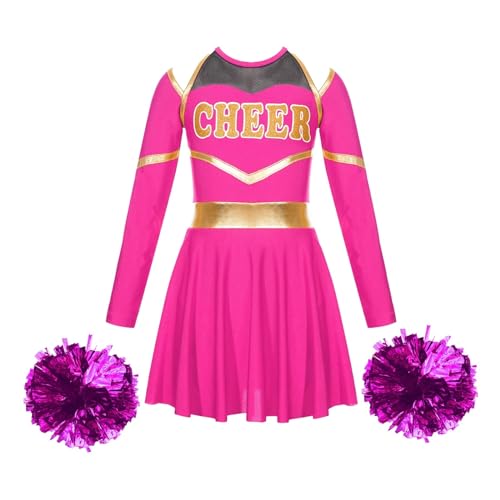 HWJFDC Cheerleader Kostüm Kinder Cheer Dance Outfits Schulmädchen Cheerleading Uniformen Kinder Langarm Trikot Kleid mit Handblumen for Cosplay(Pink,12) von HWJFDC