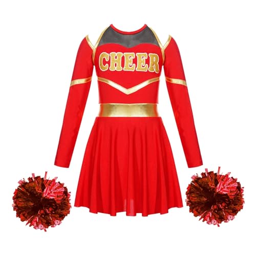 HWJFDC Cheerleader Kostüm Kinder Cheer Dance Outfits Schulmädchen Cheerleading Uniformen Kinder Langarm Trikot Kleid mit Handblumen for Cosplay(Red,10) von HWJFDC