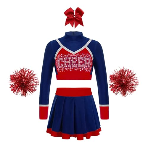 HWJFDC Cheerleader Kostüm Kinder Cheerleader Kostüme Schulmädchen Cheerleading Uniformen Sets Kinder Jubel Team Cheer Dance Outfits Teens Dancewear(B Deep Blue,14) von HWJFDC