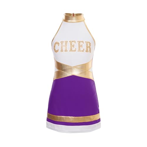 HWJFDC Cheerleader Kostüm Kinder Jubel Team Kostüm Schulmädchen Cheerleading Uniform Kleid for Tanzen Karneval Kinder Cheer Dance Kleider Dancewear(Purple,10) von HWJFDC