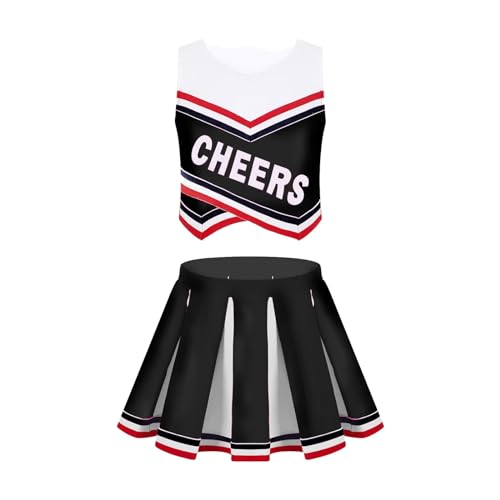 HWJFDC Cheerleader Kostüm Kinder Mädchen Cheerleader Kostüm Cheerleading Uniform Ärmellos Buchstaben Cheers Tanzkleidung Set Performance Outfit Dancewear(Black,16) von HWJFDC