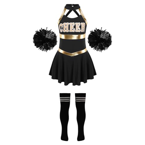 HWJFDC Cheerleader Kostüm Kinder Mädchen Cheerleading Kostüm Cheer Dance Outfits Cheerleader Uniform Kleid + Blumenbälle Socken Sets for Tanzwettbewerb(A Black White,10) von HWJFDC