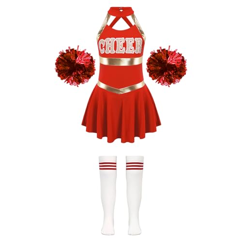 HWJFDC Cheerleader Kostüm Kinder Mädchen Cheerleading Kostüm Cheer Dance Outfits Cheerleader Uniform Kleid + Blumenbälle Socken Sets for Tanzwettbewerb(A Red,10) von HWJFDC