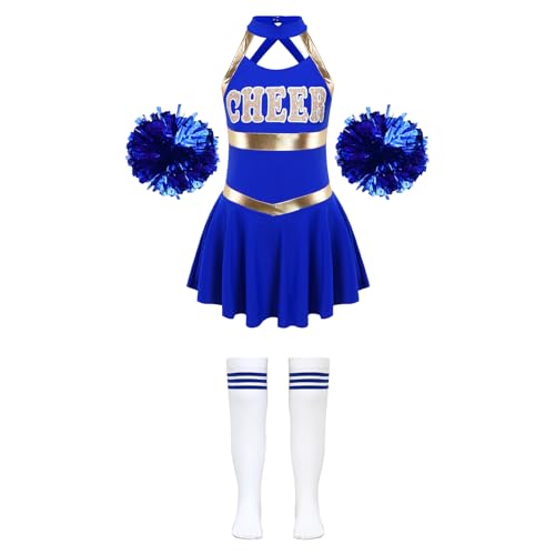 HWJFDC Cheerleader Kostüm Kinder Mädchen Cheerleading Kostüm Cheer Dance Outfits Cheerleader Uniform Kleid + Blumenbälle Socken Sets for Tanzwettbewerb(A Royal Blue,10) von HWJFDC