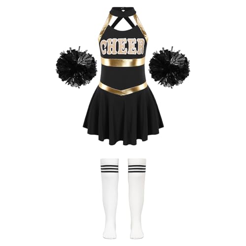 HWJFDC Cheerleader Kostüm Kinder Mädchen Cheerleading Kostüm Cheer Dance Outfits Cheerleader Uniform Kleid + Blumenbälle Socken Sets for Tanzwettbewerb(A White Black,6) von HWJFDC