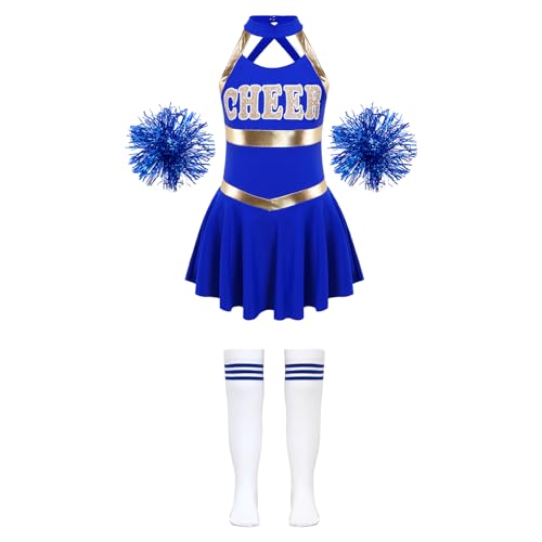 HWJFDC Cheerleader Kostüm Kinder Mädchen Cheerleading Kostüm Cheer Dance Outfits Cheerleader Uniform Kleid + Blumenbälle Socken Sets for Tanzwettbewerb(B Royal Blue,12) von HWJFDC