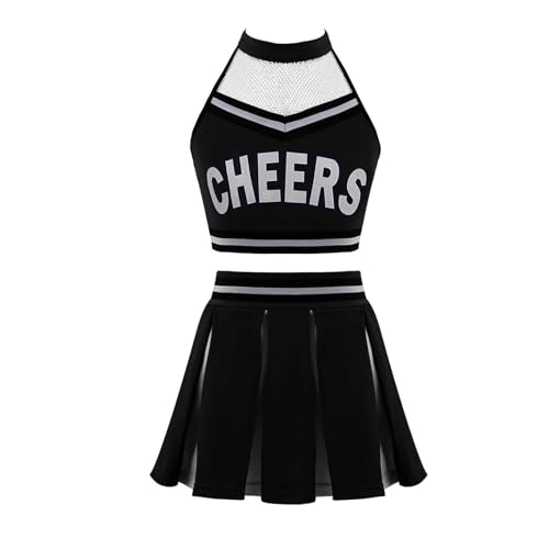 HWJFDC Cheerleader Kostüm Kinder Mädchen Cheerleading Kostüm Tanzbekleidung Set Crop Top + Faltenrock Cheers Tanzanzug for Wettbewerb Cheerlead Uniformen(Black,6) von HWJFDC