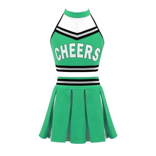 HWJFDC Cheerleader Kostüm Kinder Mädchen Cheerleading Kostüm Tanzbekleidung Set Crop Top + Faltenrock Cheers Tanzanzug for Wettbewerb Cheerlead Uniformen(Green,6) von HWJFDC