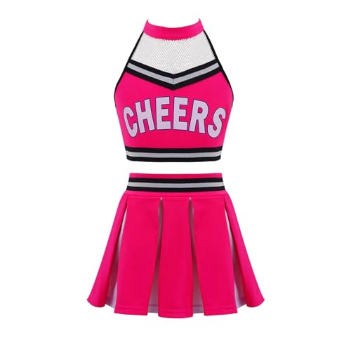 HWJFDC Cheerleader Kostüm Kinder Mädchen Cheerleading Kostüm Tanzbekleidung Set Crop Top + Faltenrock Cheers Tanzanzug for Wettbewerb Cheerlead Uniformen(Pink,6) von HWJFDC