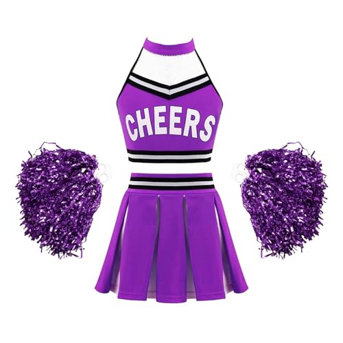 HWJFDC Cheerleader Kostüm Kinder Mädchen Cheerleading Kostüm Tanzbekleidung Set Crop Top + Faltenrock Cheers Tanzanzug for Wettbewerb Cheerlead Uniformen(Purple A,8) von HWJFDC