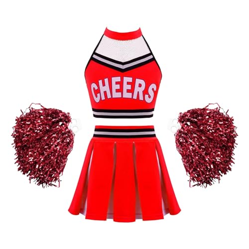 HWJFDC Cheerleader Kostüm Kinder Mädchen Cheerleading Kostüm Tanzbekleidung Set Crop Top + Faltenrock Cheers Tanzanzug for Wettbewerb Cheerlead Uniformen(Red A,16) von HWJFDC