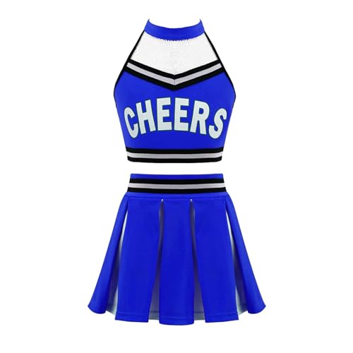 HWJFDC Cheerleader Kostüm Kinder Mädchen Cheerleading Kostüm Tanzbekleidung Set Crop Top + Faltenrock Cheers Tanzanzug for Wettbewerb Cheerlead Uniformen(Royal Blue,10) von HWJFDC