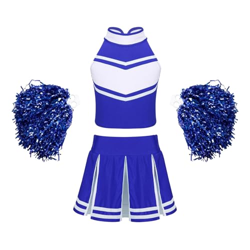 HWJFDC Cheerleader Kostüm Kinder Mädchen Cheerleading Outfit Ärmelloses Cheerleader Kostüm mit Blumenbällen Set for Bühnenauftritt Cospaly Dancewear(Blue,10) von HWJFDC