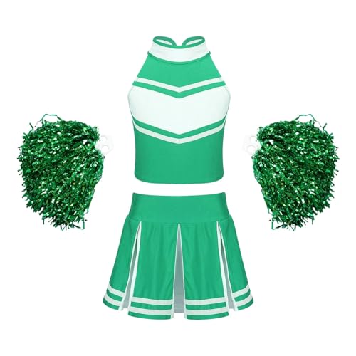 HWJFDC Cheerleader Kostüm Kinder Mädchen Cheerleading Outfit Ärmelloses Cheerleader Kostüm mit Blumenbällen Set for Bühnenauftritt Cospaly Dancewear(Green,10) von HWJFDC